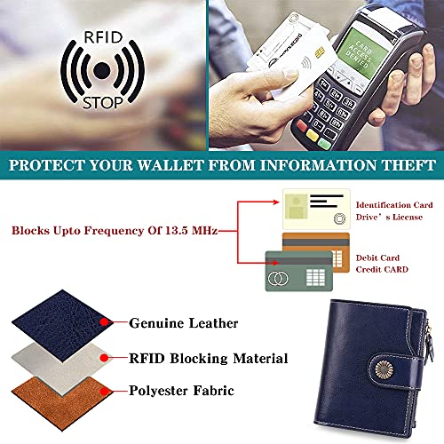 FALAN MULE Small Wallet for Women Leather Bifold Compact Small Womens Wallet with RFID Blocking - color: Deep Blue