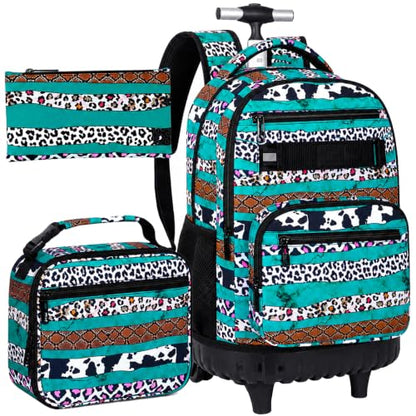 AGSDON Bold Leopard Stripe Wheeled Backpack Set – 20” Girls Rolling Bookbag with Matching Lunch Box for Travel, Commute & School | Water-Resistant Fashion Roller Organizer in Green - color: Rolling Backpack Set - Leopard Stripe Green