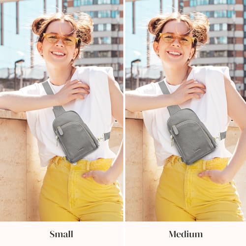 S-ZONE Genuine Leather RFID Blocking Small Sling Bag Women Crossbody Fanny Packs - color: Grey, size: Medium