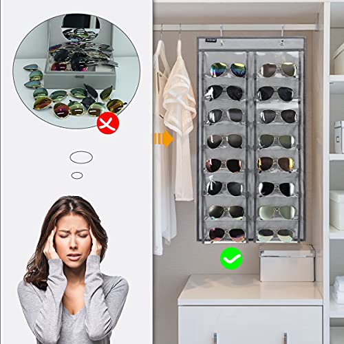 Over the Door Hanging Sunglasses Organizer Storage Sunglass Rack Holder Eyewear Display Case with 16 Clear Dust Proof Pockets (16 Pockets-Grey) - color: 16 Pockets-Grey