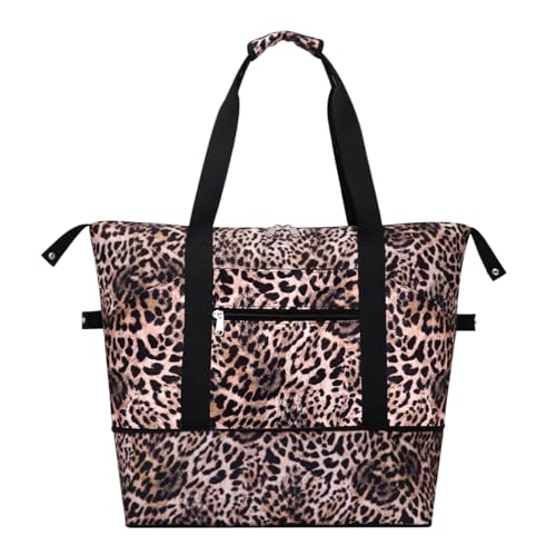 Expandable Duffel Bag for Women with Trolley Sleeve/Wet Pocket Weekender Travel Tote Large Carry On Overnight Luggage - color: Leopard