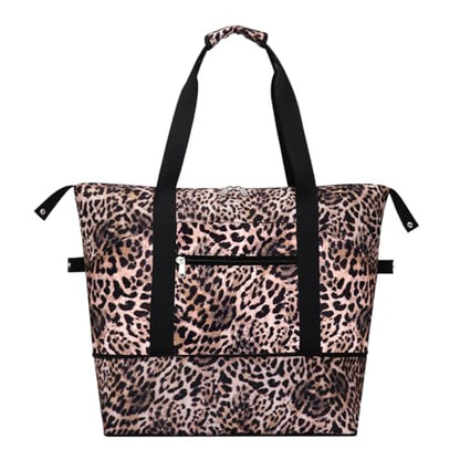 Expandable Duffel Bag for Women with Trolley Sleeve/Wet Pocket Weekender Travel Tote Large Carry On Overnight Luggage - color: Leopard