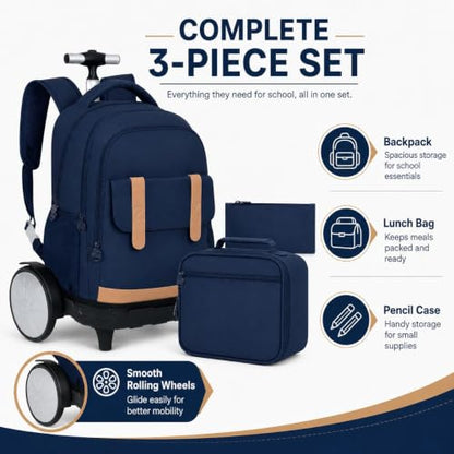 KLFVB Rolling Backpack for Men & Women with Big Quiet-Glide Wheels, 3-in-1 Wheeled Commuter Set with Lunch Bag | Water-Resistant Roller Bookbag for Work, School, Travel - Blue - color: Boys Rolling Backpack with Big Wheels - Blue