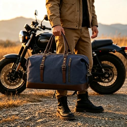 55L Canvas Duffle Bag for Men, Carry On Travel Weekender Overnight Bag - color: Blue