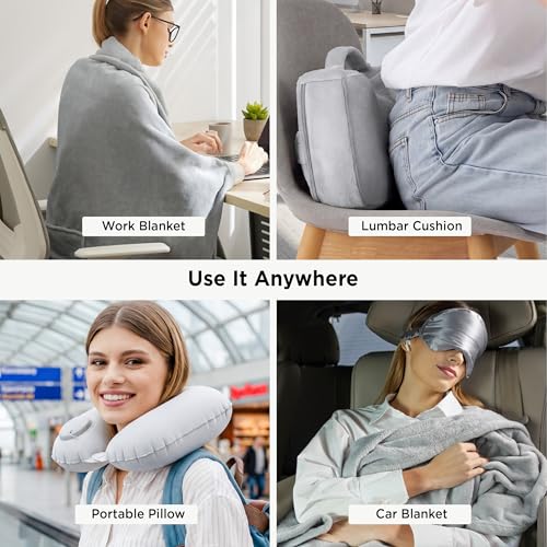 Bedsure Travel Blanket Set with Inflatable Neck Pillow and Eye Mask, Grey | 3-In-1 Airplane Blanket, Packable, Lightweight, Compact Travel Essentials, Travel Gifts for Long Flight and Flying - color: Grey