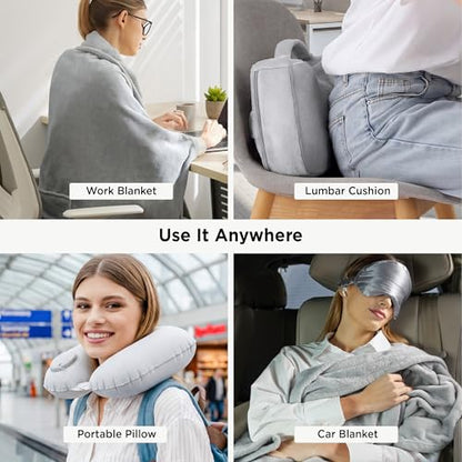 Bedsure Travel Blanket Set with Inflatable Neck Pillow and Eye Mask, Grey | 3-In-1 Airplane Blanket, Packable, Lightweight, Compact Travel Essentials, Travel Gifts for Long Flight and Flying - color: Grey