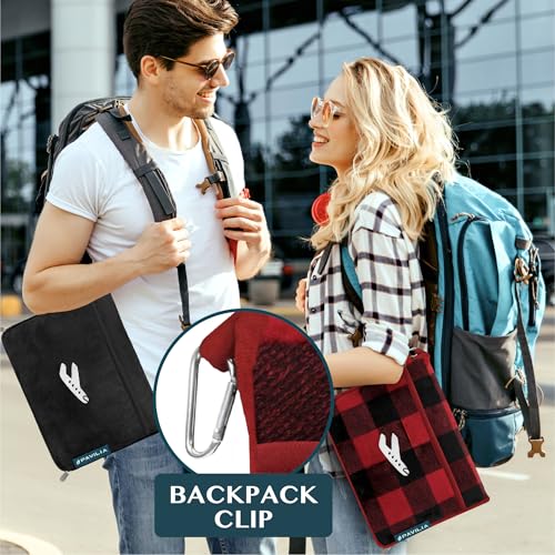 PAVILIA Travel Blanket and Pillow, Soft Ribbed Fleece Airplane, Plaid Red - color: Checkered Red