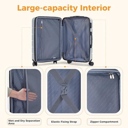 NEWBULIG 24 Inch Checked Luggage, Expandable Suitcase with Spinner Wheels - color: Light Grey, size: 24 Inch