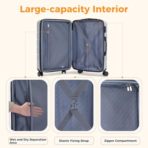 NEWBULIG 28 Inch Checked Luggage, Expandable Suitcase with Spinner Wheels - color: Light Grey, size: 28 Inch