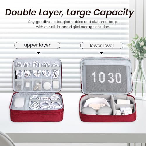 Electronic Organizer Travel Case, Double Layer Cable Organizer Bag - color: red