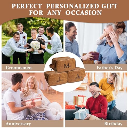 Travel Toiletry Bag For Mens PU Leather Engraved Initials (Yellow Brown O) - color: Brown, style: O