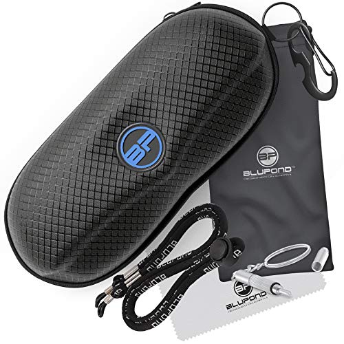 BLUPOND Sunglasses Case Semi Hard EVA Shell with Metal Hanging Hook Belt Clip Sun Glasses Storage - color: Bluelogo