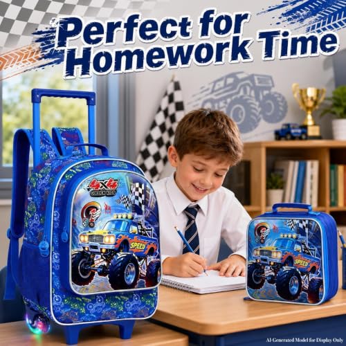 3Pcs Truck Rolling Backpack for Boys, Kids Wheel Backpack with Lunch Box, Lightweight Roller Backpack with Light-Up Wheels for Elementary Preschool Kindergarten (Blue) - color: Truck Blue