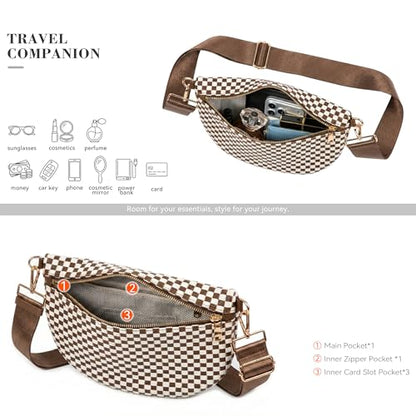 Woven Crossbody Bag for Women, Checkered PU Bum Bag Sling Purse with Adjustable Strap for Travel, Festivals - color: Brown and White Checkered Woven