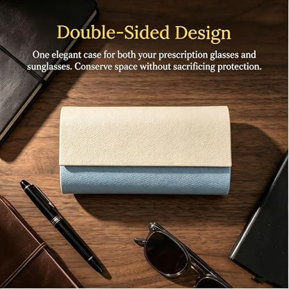 Double Sided Glasses Case Hard Shell,Sunglasses Case & Eyeglass Case with Cleaning Cloth & Storage Pouch - color: Haze Blue-cream White