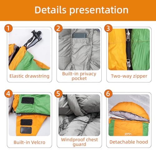3-in-1 Down Sleeping Bag for Adults and Teens - color: orange 500g filling