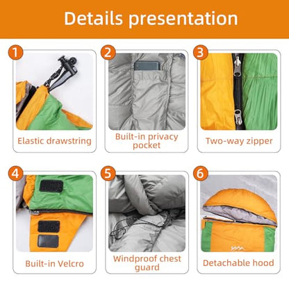 3-in-1 Down Sleeping Bag for Adults and Teens - color: orange 500g filling