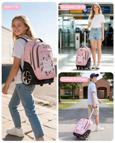NEW TILAMI Rolling Backpack 19 inch with Lunch Bag Teens Cute Wheeled Computer Laptop Backpack Bookbag Roller Travel Bag College, Flower Pink - color: Flower Pink