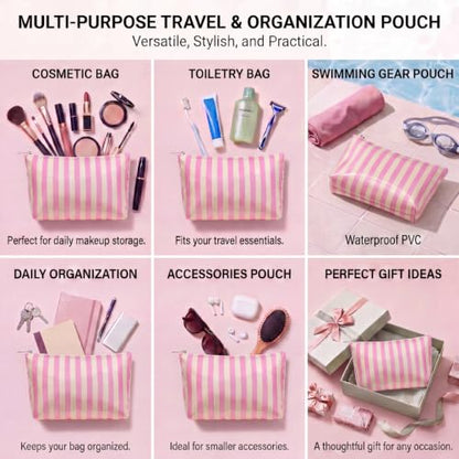 Large PVC Waterproof Striped Makeup Bag(13Pink Beige) - color: 13Beige Pink