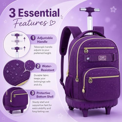3Pcs Rolling Backpack for Girls Women, 19 Inche Adults Roller Backpacks with Wheels, School Wheeled Bookbag with Lunch Box(Deep Purple) - color: Deep Purple