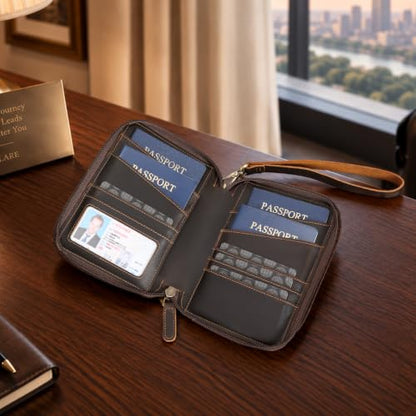 Polare Full Grain Leather Family 4 Passport Holder Wallet RFID Organizer - color: A-Dark Brown