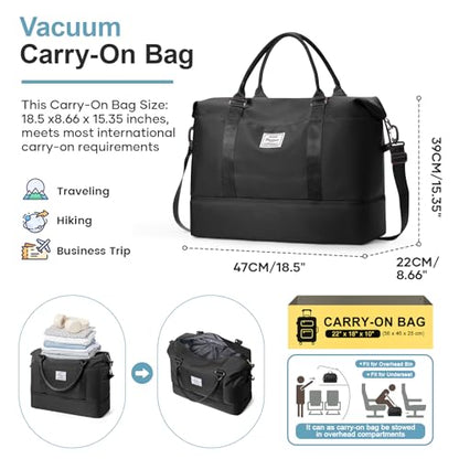 Weekender Bags for Women, Personal Item Travel Bag with Shoes Compartment - color: A-Black with Air Pump, size: Large