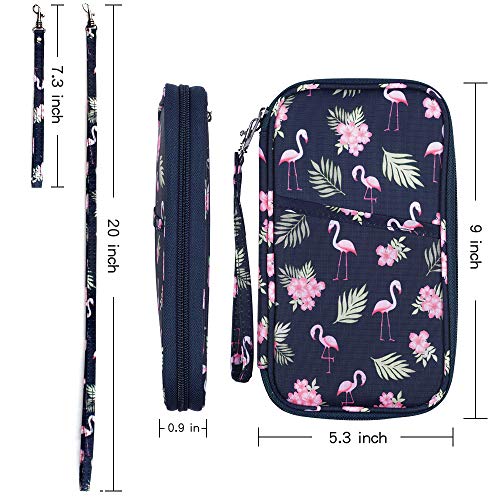 RFID Passport Wallet with Vaccine Card Slot, Family Travel Passport Holder Document Organizer Bag with Wrist & Neck Double Strap - color: RFID-Flamingo