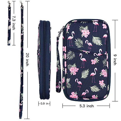 RFID Passport Wallet with Vaccine Card Slot, Family Travel Passport Holder Document Organizer Bag with Wrist & Neck Double Strap - color: RFID-Flamingo