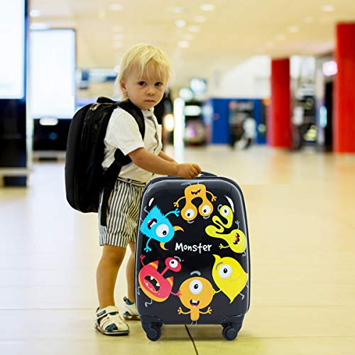 GYMAX Kids Carry On Luggage Set, 12" & 16" 2PCS Rolling Suitcase - color: Monster