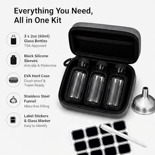 3×2oz (60ml) Glass Travel Bottles with Black Silicone Sleeves – Mini Flask Containers for Spirits, Hot Sauce, Oils & Bitters, Includes EVA Case, Funnel & Labels, TSA-Approved Leak-Proof Kit