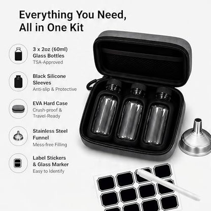 3×2oz (60ml) Glass Travel Bottles with Black Silicone Sleeves – Mini Flask Containers for Spirits, Hot Sauce, Oils & Bitters, Includes EVA Case, Funnel & Labels, TSA-Approved Leak-Proof Kit