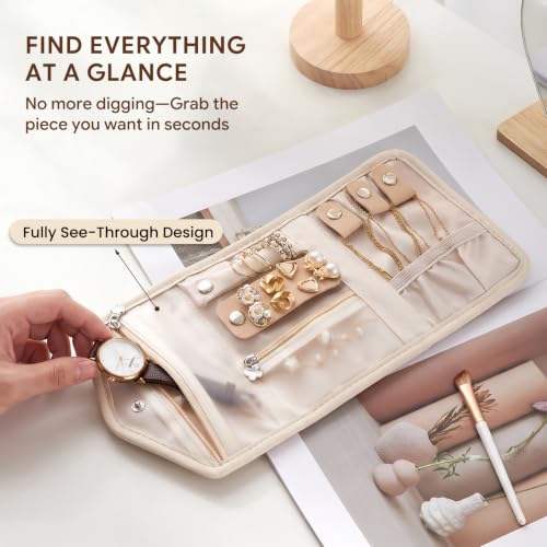 Travel Jewelry Organizer Roll, Foldable Pouch for Earring, Necklace, Ring - color: Beige