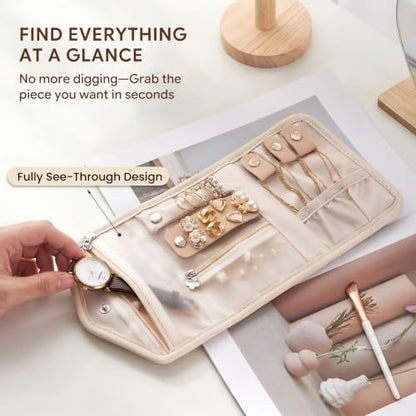 Travel Jewelry Organizer Roll, Foldable Pouch for Earring, Necklace, Ring - color: Beige