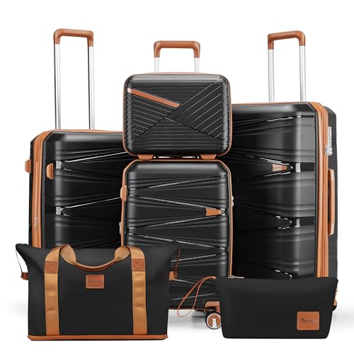 TRAVELEO Luggage Sets 6 Piece Expandable Suitcase (20/24/28), Cosmetic Case - color: Black, size: 6 Piece Set (14in/20in/24in/28in/DB/TB)