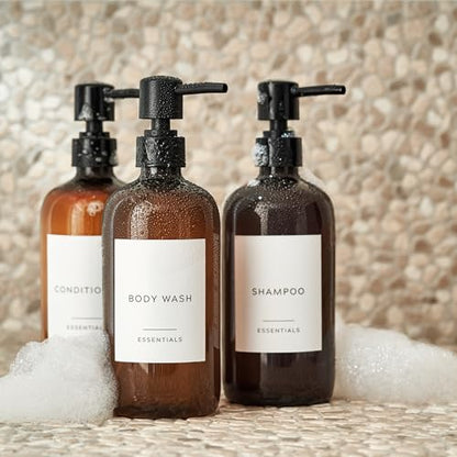 Stylish Shampoo & Conditioner Dispenser Set of 3-21oz PET Bottles, Pump - color: Brown