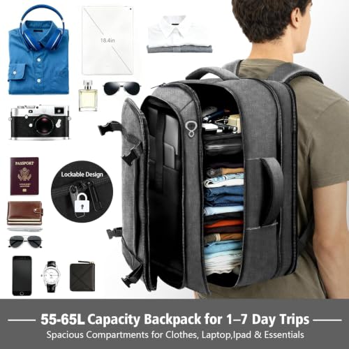 Carry On Backpack,Expandable Large 1-7DAYS Capacity Travel Backpack,Grey - color: Grey, size: 18.4inch - 23.2"x14.9"x9.4"(+3.5")