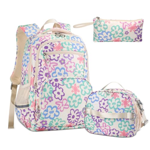 Rexmore Girls 3Pcs Backpack Set with Lunch Box & Pencil Case, Beige - color: Beige