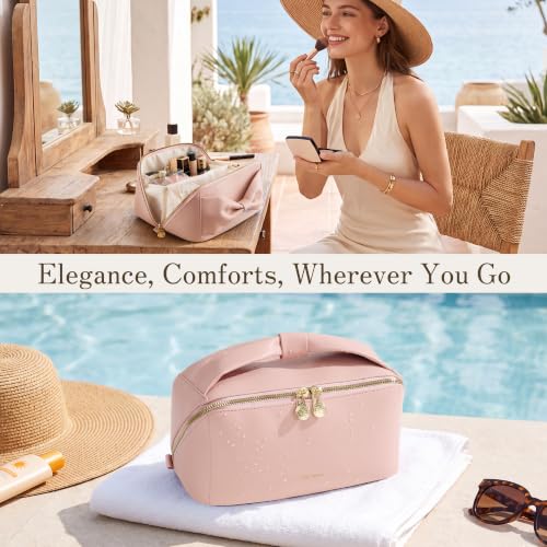 SHOWKOO Cosmetic Bag for Women, WideOpen Travel Makeup Bag with Compartment - color: Pink