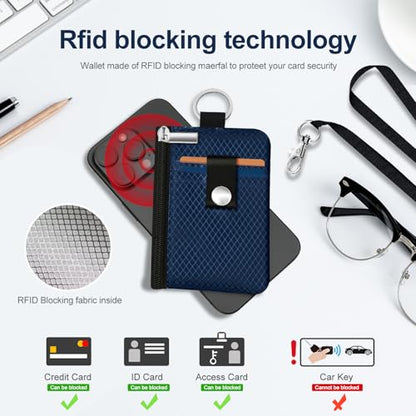 Minimalist RFID Blocking Small Wallet with ID Window,WaterResistant Zip Id Case Wallet with Lanyard Keychain for Cards,Cash,Travel,Women,Men (Dark blue) - color: Dark blue