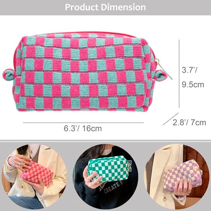 Checkered Makeup Bag for Purse, Small Travel Cosmetic Pouch,Magenta Green - color: Magenta Green