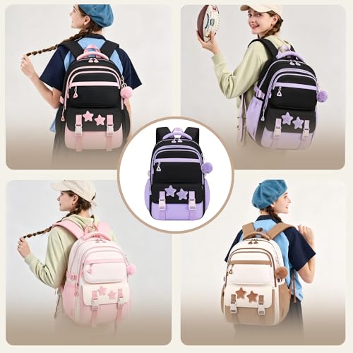 3Pcs Girls Backpack Set for Kids School Bag Bookbag with Star Pins - color: A008-3pcs Pink