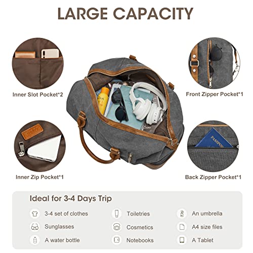 S-ZONE Weekender Bag for Men Large Canvas Duffle Overnight Travel Bag Grey | Anti-wrinkle Canvas,Adjustable Shoulder Strap,1 Main Compartment and 7 Pockets,with Shoe Compartment - color: B-Grey