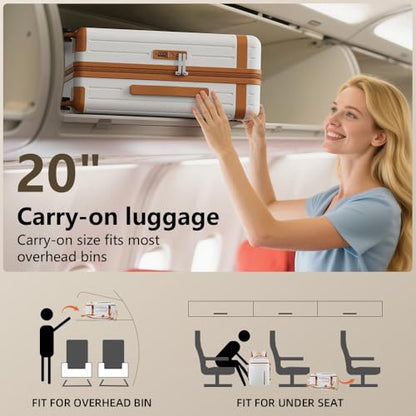 3 Piece Carry On Luggage Set with Backpack, White-Brown | PC+ABS Travel Suitcase Sets Hardshell Rolling Luggage Lightweight Durable - color: White-Brown, size: 20''/BP/TB