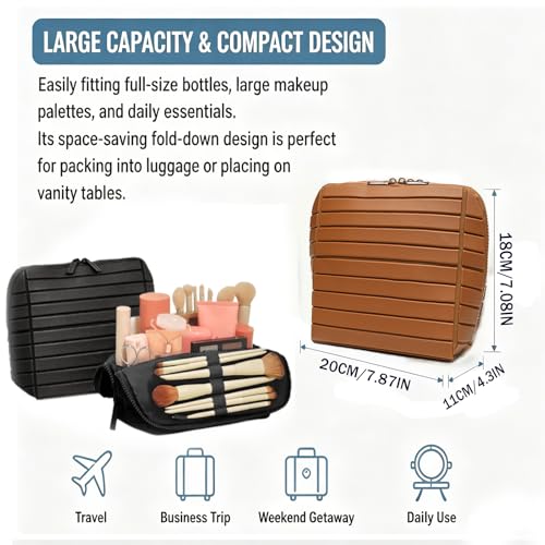 Makeup Bag, Travel Makeup Organizer Bag with Fold-Down Design and Adjustable Dividers, 27 Pockets & 3 Brush Storage Holders, Large Capacity Cosmetic Bags Toiletry Case (Brown)