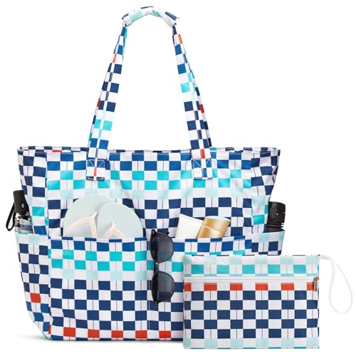 G4Free Large Beach Bag Waterproof Sandproof, Zipper Pool Tote for Women - color: Blue Red Checkered, size: 35L