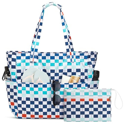G4Free Large Beach Bag Waterproof Sandproof, Zipper Pool Tote for Women - color: Blue Red Checkered, size: 35L