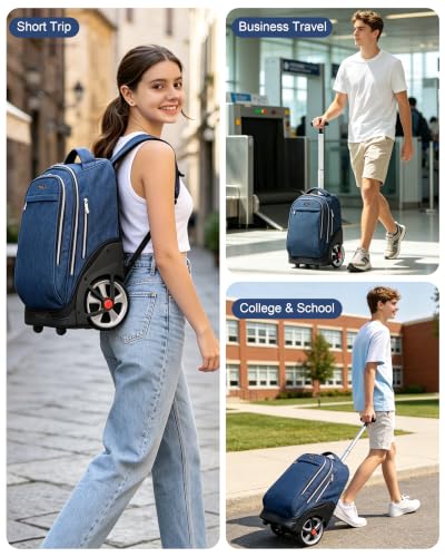 NEW TILAMI 19 Inch Rolling Backpack for School Stair-Climbing, Navy Blue - color: Navy Blue