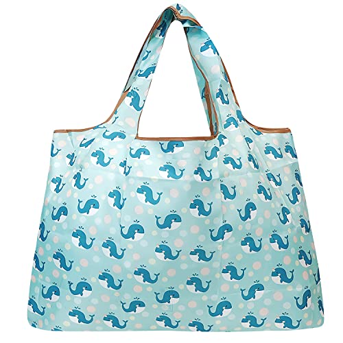 allydrew Large Foldable Tote Nylon Reusable Grocery Bags, Blue Whales - color: Blue Whales