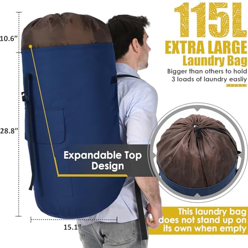 Backpack Laundry Bag, 115L Heavy Duty Extra Large College Laundry Backpack, Dirty Clothes Bag with Shoulder Straps, Laundry Hamper Bag with Drawstring Closure for College Dorm, Apartment Dark blue - color: Dark blue