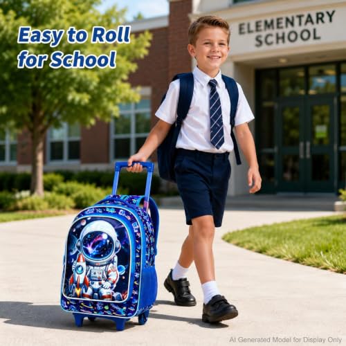 AGSDON 3PCS Rolling Backpack for Girls Boys, Kids Roller Wheels Bookbag, Wheeled School Bag with Lunch Bag - color: Rolling Astronaut Rocket Blue